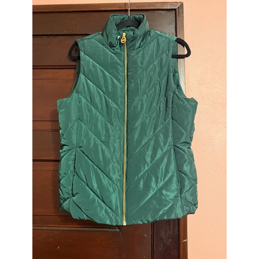 Michael Michael Kors Dark Emerald Green Chevron Puffer Vest Gold Zip QF520E7954
